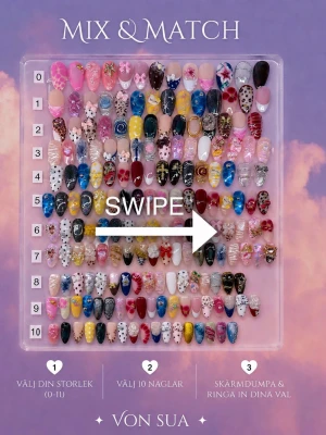 Pick Your Own Nails (10 pcs) 💛;Meidum Almond - Mix & Match – skapa ditt egna set 💜  Välj 10 naglar och bygg ditt egna unika press-on set.  Så här gör du:  1. Kolla först vilken storlek du behöver: 0–11. 2. Välj 10 naglar från bilden. 3. Skärmdumpa bilden och ringa in/markera de naglar du vill ha. 4. Skicka bilden till mig, så sätter jag ihop ditt set.  Alla naglar är handgjorda av mig och kan mixas fritt efter din egen stil. Perfekt om du vill ha något mer personligt eller om du behöver extra naglar till tidigare set.
