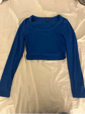 Blå ribbad croppad topp från Shein - Säljer en blå croppad topp från Shein med lång ärm och rundad urringning. Toppen är ribbad och har en tight passform som sitter snyggt på kroppen. Perfekt att styla med höga jeans eller kjol för en trendig look.