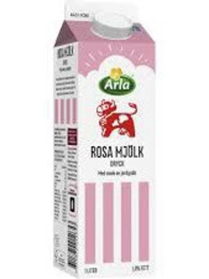 Arla rosa mjölk dryck - En rosa mjölkdryck från Arla i en klassisk rektangulär kartong med vita och rosa ränder. Kartongen har en skruvkork och en tecknad rosa ko på framsidan. Perfekt för dig som gillar roliga och annorlunda drycker.