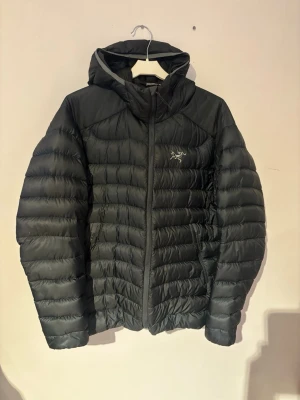 Svart dunjacka med huva Arc'teryx - Snygg svart dunjacka från Arc'teryx med huva och dragkedja framtill. Jackan har ett diskret logotryck på bröstet och quiltad design som håller värmen. Perfekt för kalla vinterdagar och enkel att matcha med olika outfits.
