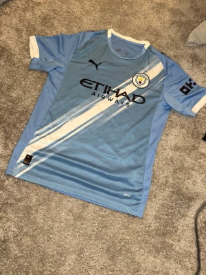 Manchester City matchtröja Puma - Snygg ljusblå Manchester City matchtröja från Puma med vita diagonala ränder och klubbmärke på bröstet. Tröjan har svart Puma-logga och Etihad Airways som sponsortryck. Tillverkad i lätt och ventilerande material, perfekt för fotbollsträning eller match.