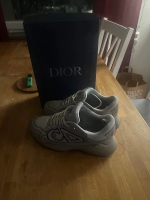 Dior B30 - Säljer ett par grå Dior sneakers med coola detaljer i mesh och läder. Skorna har vita snören, tydlig Dior-logga på sidan och en chunky sula som ger en modern vibe. Perfekta för dig som vill ha något exklusivt och trendigt i garderoben.