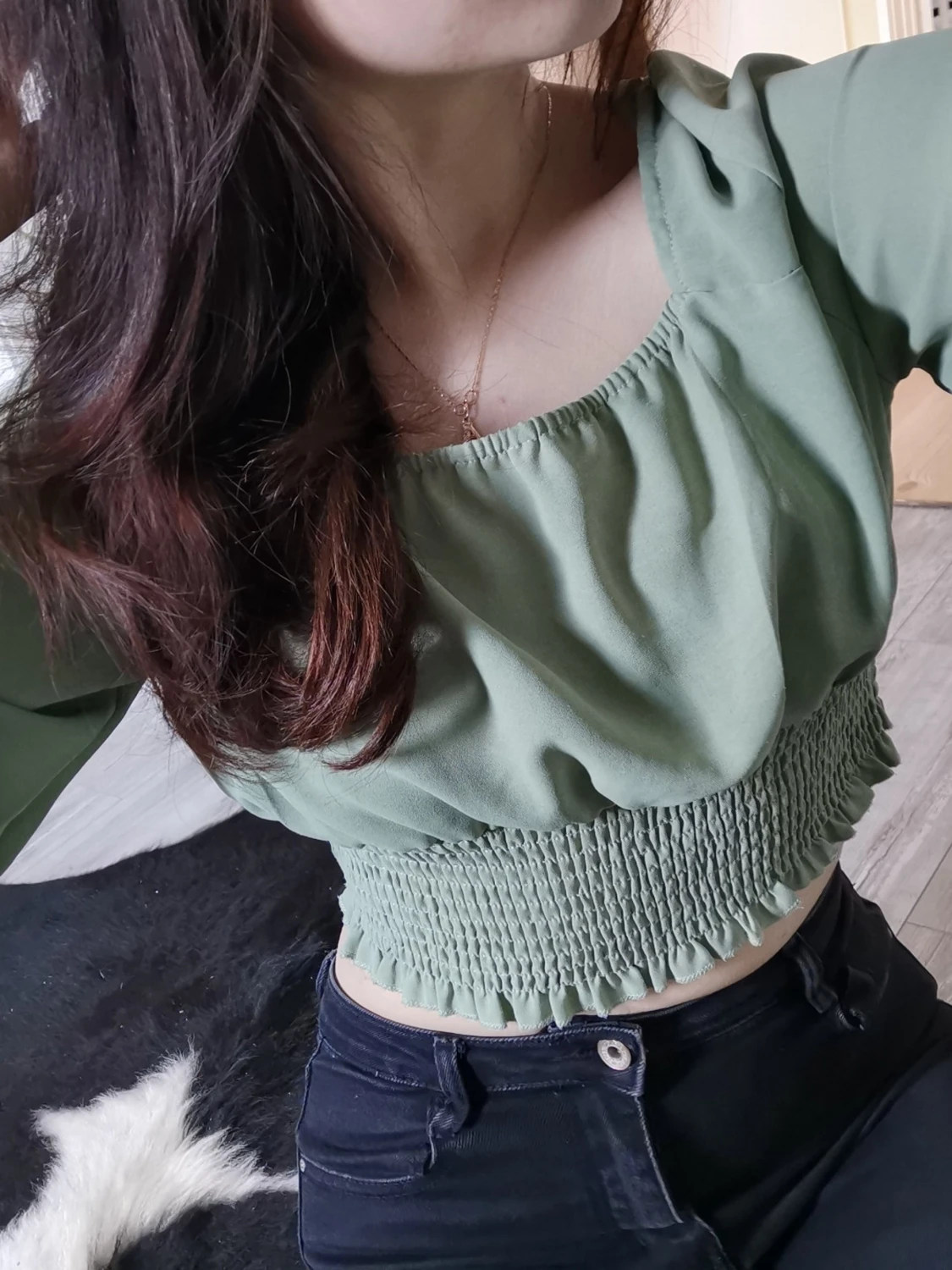 Grön croppad blus med puffärm - 1