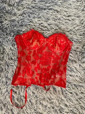 Röd spets-bh med blommönster - Säljer en röd bh i transparent mesh med broderade blommor och spetsdetaljer. Bh:n har bygelkupor och dekorativa band, vilket ger en snygg och feminin look. Perfekt för dig som gillar detaljer och vill ha något extra.