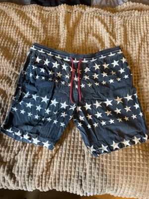 Blå shorts med vita stjärnor och snörning från HM - Snygga blå shorts med vita stjärnor över hela tyget och röd snörning i midjan. Shortsen har elastisk midja och sidofickor samt en bakficka. Perfekta för sommaren och ger en cool, avslappnad vibe.