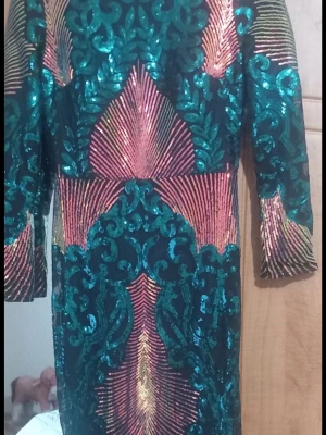Glittrig långklänning med paljetter - Säljer en maxad långklänning med glittriga paljetter i grönt, guld och rosa. Klänningen har lång ärm, figurnära passform och ett unikt mönster som verkligen sticker ut. Perfekt för dig som vill synas på festen!