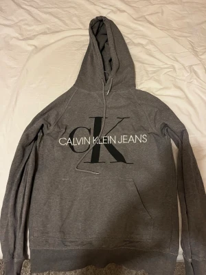 Grå hoodie från Calvin Klein Jeans - Snygg grå hoodie från Calvin Klein Jeans med stor CK-logga och text på bröstet. Klassisk huva med dragsko och känguruficka framtill. Tillverkad i mjuk bomullsblandning och har långa ärmar med ribbade muddar.