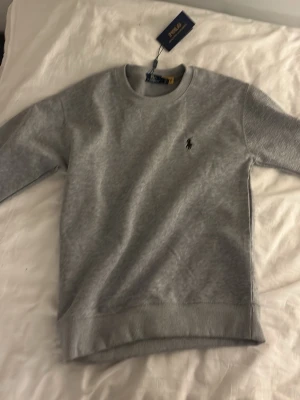 Grå sweatshirt från Polo Ralph Lauren - Säljer en stilren grå sweatshirt från Polo Ralph Lauren med klassisk rund halsringning och den ikoniska lilla loggan broderad på bröstet. Tröjan har ribbade muddar vid ärmslut och nederkant. Perfekt för en clean och avslappnad look.