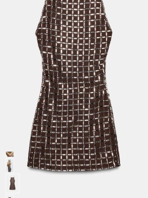 Brun kort klänning med paljetter - Supersnygg brun kort klänning med tunna axelband och ett rutigt mönster av silvriga paljetter. Klänningen har en figurnära passform och är perfekt för dig som vill sticka ut. Materialet känns mjukt och stretchigt, vilket gör den bekväm att bära hela kvällen.OBS! Ingen retur 🔊🔊🔊