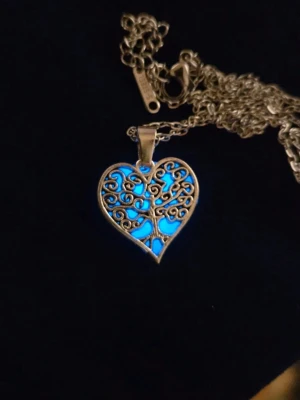 Halsband med hjärthänge och trädmotiv - Snyggt halsband i silverfärgat rostfritt stål med ett hjärtformat hänge. Hänget har ett detaljerat trädmotiv i filigran och lyser blått i mörker. Kedjan är tunn och justerbar. Perfekt accessoar för dig som gillar unika smycken med magisk känsla. Kedjans längd: 45 cm, Hängets storlek: ca 2 cm. 