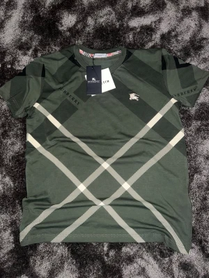 Grön rutig Burberry t-shirt - Snygg grön t-shirt från Burberry med klassiskt rutigt mönster i svart och beige. T-shirten har korta ärmar, rund halsringning och en broderad Burberry-logga på bröstet. Tillverkad i mjuk bomull för skön känsla.