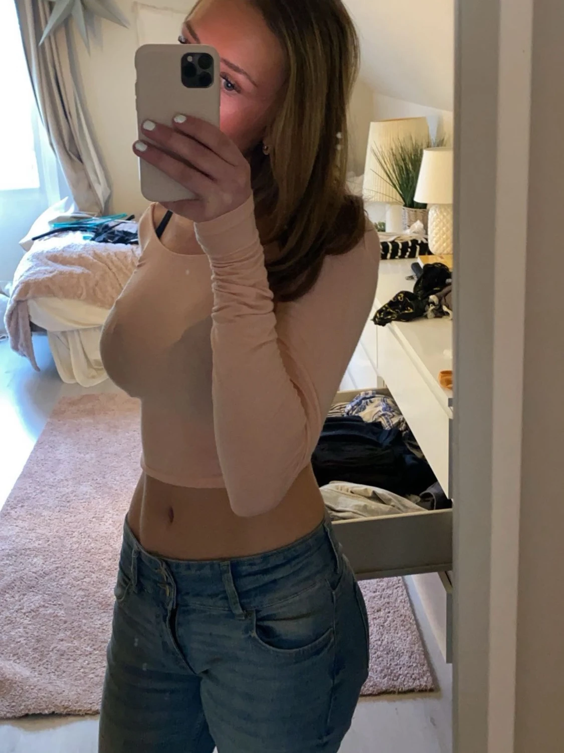 Ljusrosa croppad långärmad topp - 1