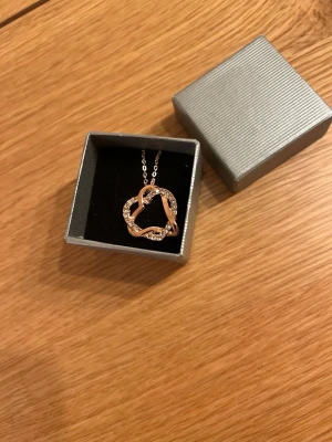 Roséguldfärgat halsband med stenar - Snyggt halsband i roséguld med ett tvinnat hjärtformat hänge dekorerat med små gnistrande stenar. Kedjan är tunn och elegant, perfekt för att lyfta din outfit. Levereras i en stilren grå ask.