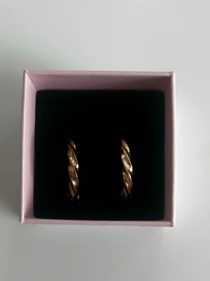 Guldiga tvinnade hoops örhängen - Snygga örhängen i form av tvinnade hoops i guldfärgad metall. De har en glansig finish och klassisk design som ger en trendig touch till din stil. Perfekta för dig som gillar stilrena accessoarer med lite extra detalj.