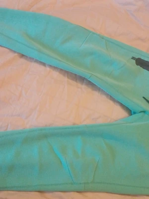 Grön/turkosa nike tech byxor - Säljer ett par turkosa nike tech byxor i mjukt och skönt material. Byxorna har resår i midjan och vid bensluten samt praktiska sidofickor. Perfekta för chill eller träning. Använda ett fåtal gånger med lite slitage där bak.
