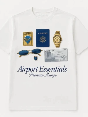 Vit t-shirt med tryck Airport Essentials - Vit t-shirt från Alvins Essentials med tryck av pass, klocka, solglasögon och boardingkort samt texten 'Airport Essentials Premium Lounge' på framsidan. Klassisk rund hals och korta ärmar. 