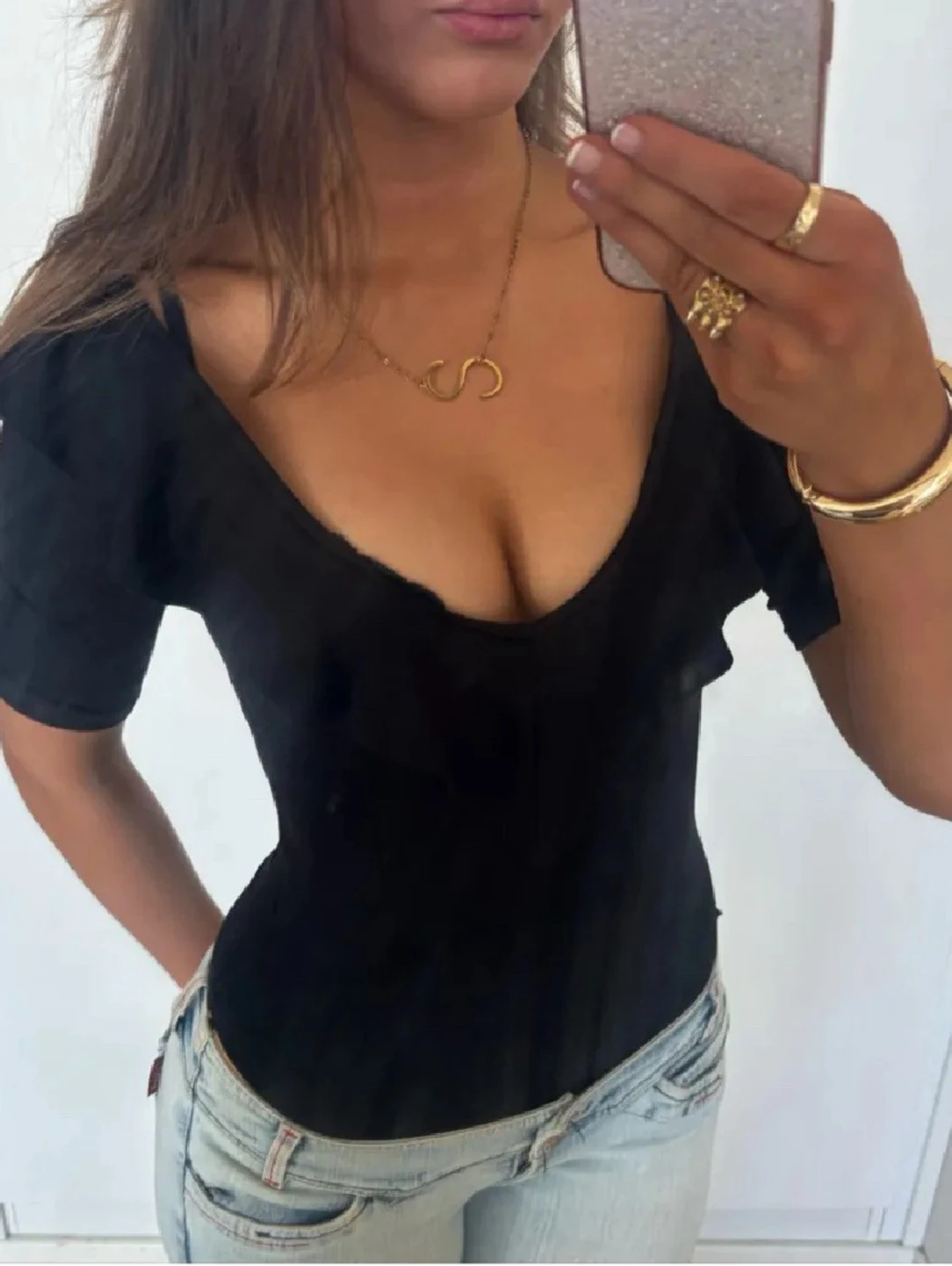 Svart trekvartsärmad vringad volangbody  - 1