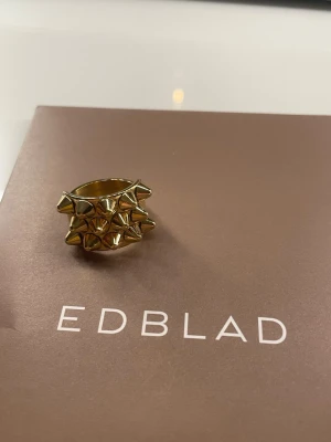 Guldfärgad ring med nitar från Edblad - Cool ring från Edblad i guldfärgad metall med flera små nitar runt hela ringen. Ringen är supertrendig och den är i väldigt bra skick.säljer på grund av att jag aldrig använder den. Storleken är 17,50. Orginalpris är 399kr❤️pris kan diskuteras💕