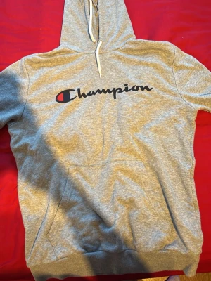 Grå hoodie från Champion - Snygg grå hoodie från Champion med stor logga över bröstet. Klassisk känguruficka framtill och vit dragsko i huvan. Perfekt för en avslappnad och sportig stil. Tillverkad i mjukt sweatshirtmaterial som är skönt att bära.