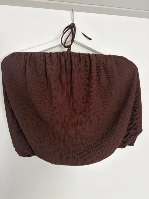 Brun offshoulder croppad topp - Säljer en brun offshoulder topp med croppad passform och knytband upptill. Tyget är lätt skrynklat och ger en snygg struktur. Perfekt att styla med höga jeans eller kjol.