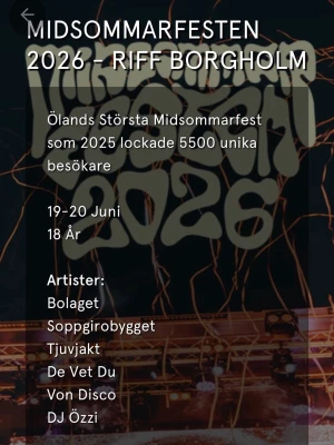 Festivalbiljett - Säljer ett två dagar pass till Midsommarfestivalen på Öland den 19-21 juni. Tider osv står på bilden. Den kostar 1350kr att köpa på egen hand. Mitt pris är 1100kr och man får biljetten direkt skickat via sms eller mejl. Pris går att diskutera. Har ni frågor så ställ de gärna 🤗