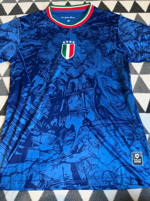 Blå italiensk fotbollströja M - Säljer en blå fotbollströja med italienskt landslagsemblem och tre stjärnor på bröstet. Tröjan har ett konstnärligt mönster med klassiska motiv och ribbad krage i Italiens färger. Tillverkad i ett lätt och ventilerande material, perfekt för träning eller match.