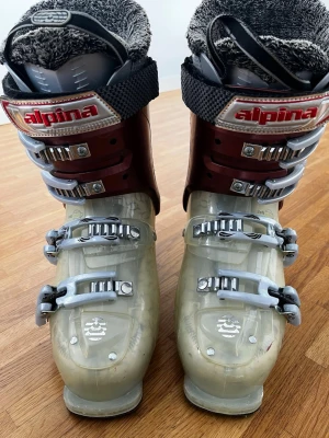 Alpina skidpjäxor vinröd och grå stl 39 - Ett par Alpina skidpjäxor i vinrött och grått med fyra metallspännen och justerbar hårdhet. Insidan är fodrad med mjukt grått tyg för extra komfort. Snygg design med tydlig Alpina-logga och robust konstruktion i plast och metall.