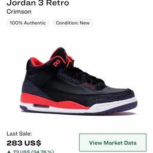 Jordan 3 Retro Crimson - Köpte dessa i Milano footlocker 2013 och använda MAX 4-5 gånger. Säljer eftersom jag aldrig haft behov utav de. Jag köpte de då för ca 170 Euro och nu ligger de på det dubbla värdet ca 300 Euro. 