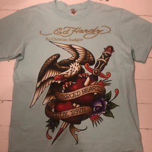 Ed hardy t-shirt - INTRESSEKOLL: Ed hardy t-shirt med motiv fram och text där bak i guld. Storlek L men sitter som M och passar S om man vill ha lite oversized. säljer ENDAST för 400kr