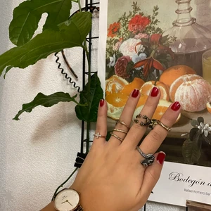 Coola ringar - Säljer ett antal coola ringar då de inte kommer till användning.  2st små i guld (en med ett kors med stenar i och en med knut-liknande motiv), en större guldig som ser ut som 3st ringar men sitter ihop. En guldfärgad i form av en hund (mops) och en silvrig drakring. De guldiga kostar 10kr styck, draken tar jag 60kr för