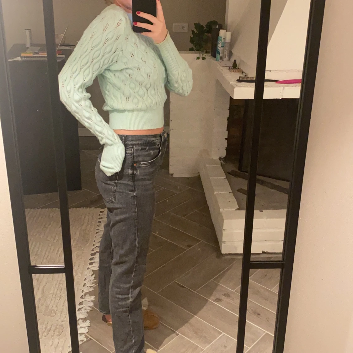 Stickad blå tröja - 91