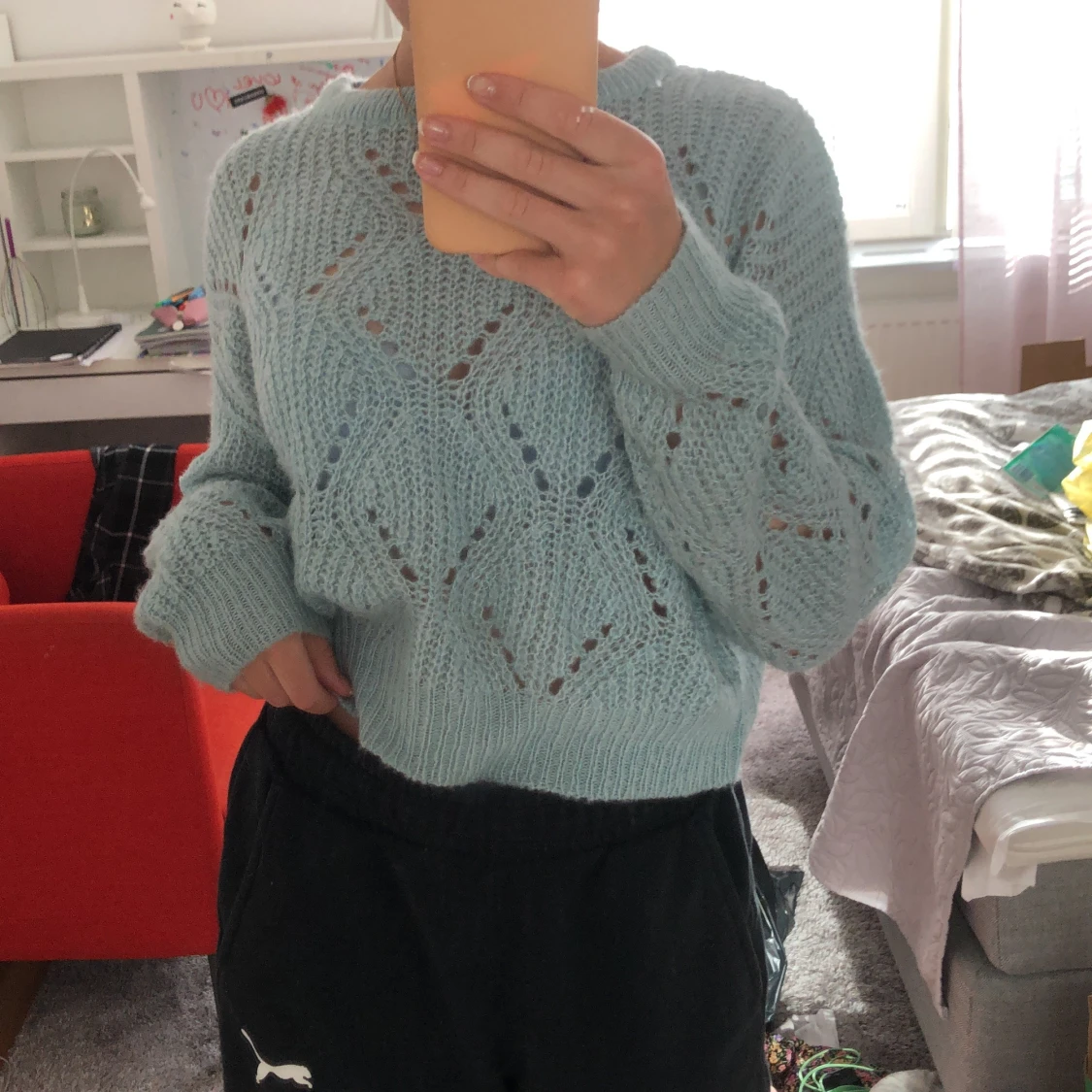 Blå stickad tröja - 90