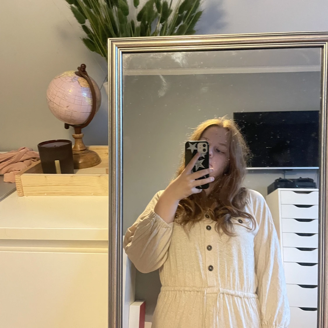 Linen långärmad klänning (beige) - 91