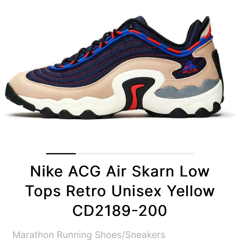Säljer ett par Nike Air Skarn. Modellen är en retro 90-talssneaker i ACG-kollektionen som släpptes 96/97. Svåra att få tag på i Sverige, inköpta på en sneakers-release. Jättefina skor som endast är använda en gång och säljes pga för stora för mig :). Skor.