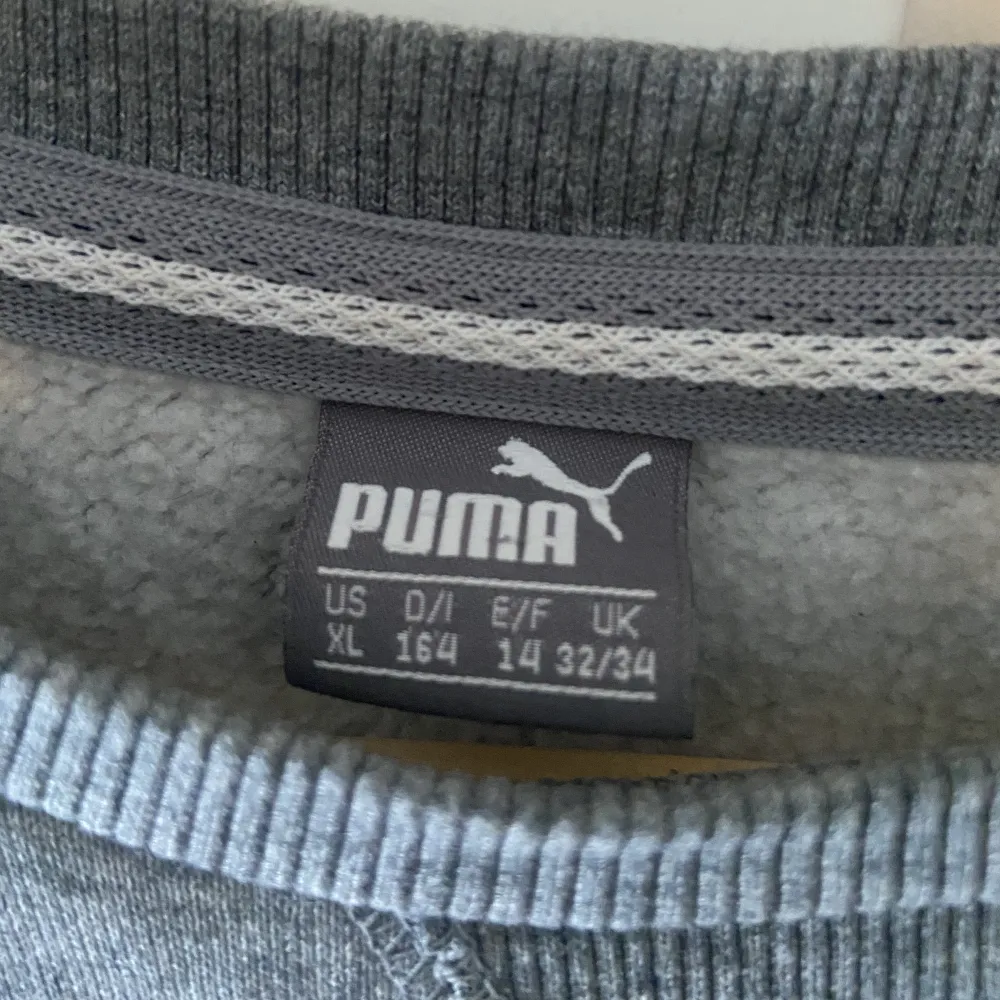 Grå Puma sweatshirt med tryck fram, kommer aldrig till användning. Fint i skicket utan fläckar eller skador.. Hoodies.