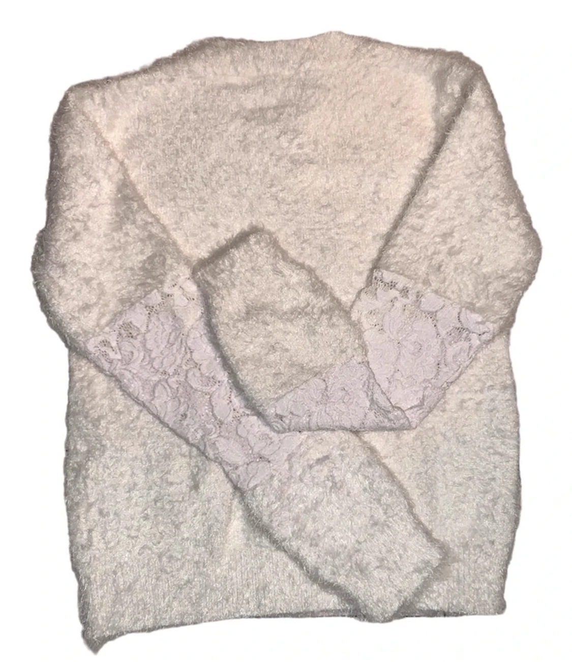 White Fluffy Sweater with Lace Sleeves - 90