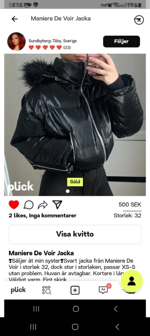 Jacka - Säljer denna jätte fina croppad vinterjacka köpt här på plick. Säljer då jag inte tycker att jag passar i den! Lånade bilder från hon jag köpte av! Fråga om fler bilder om ni vill!