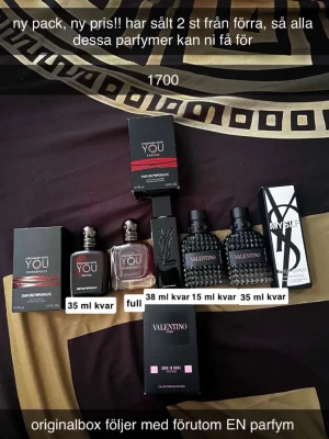 Mix av herrparfymer från Armani, Valentino & YSL - Säljer ett paket med flera herrparfymer: Emporio Armani Stronger With You Intensely och Absolutely, Valentino Born In Roma samt YSL MYSLF. Flaskorna är i olika mängd kvar och de flesta har originalkartong. Lyxiga dofter i snygga flaskor, perfekt för dig som vill testa olika märken.