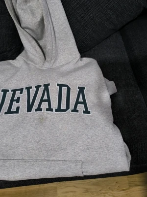 Grå hoodie med NEVADA-tryck - Säljer en grå hoodie med stor huva och NEVADA-tryck i mörkblå bokstäver på bröstet. Klassisk känguruficka framtill och mjukt material som känns skönt mot huden. Perfekt för dig som gillar college-stil och vill ha en enkel men snygg hoodie.