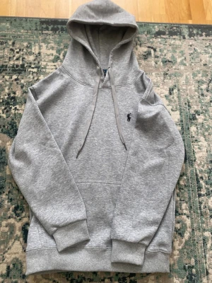 Grå hoodie med huva och logga - Snygg grå hoodie med huva och dragsnören. Klassisk känguruficka framtill och ribbade muddar vid ärmar och nederkant. Liten broderad logga på bröstet. Perfekt för en chill och avslappnad stil.
