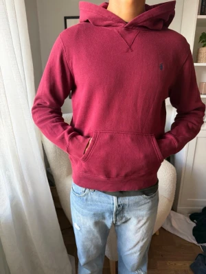 Vinröd hoodie med ficka framtill - Säljer en vinröd hoodie med huva och magficka. Hoodien har långa ärmar, ribbade muddar och en liten broderad logga på bröstet. Perfekt för dig som gillar en enkel och stilren look. Materialet känns mjukt och bekvämt.