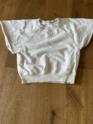 Beige och lite guld croppad topp med vida ärmar - Snygg croppad topp i beige och lite guld  med vida, korta ärmar och rund halsringning. Tillverkad bomull och polyester , perfekt för en avslappnad och trendig look. Passformen är loose och toppen har en enkel, stilren design.