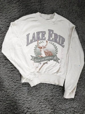Vit sweatshirt Lake Erie H&M Divided - Vit sweatshirt från H&M Divided med tryck av texten 'Lake Erie North America' och en hjort på framsidan. Tröjan har rund hals, ribbade muddar vid ärmslut och nederkant samt är gjord i mjuk bomull. Tröjan har defekter på armarna men har dock inte testat med fläckborttagning så vet ej om det funkar. Perfekt för en avslappnad och cool stil. 