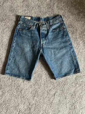 Blå jeansshorts i klassisk modell HELT NYA - Säljer ett par blå jeansshorts i klassisk modell med fem fickor och knappgylf. Shortsen har en rak passform och går ner till knäna. Perfekta för sommaren och har en tidlös look som funkar till det mesta. HELT NYA. Nypris 600kr