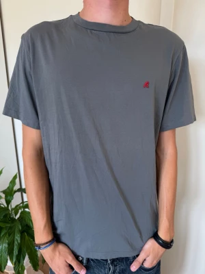 Grå t-shirt med röd detalj - Säljer en enkel och stilren grå t-shirt med en liten röd broderad detalj på bröstet. T-shirten har rund halsringning och korta ärmar. Tillverkad i mjuk bomull som känns skön mot huden. Perfekt till jeans eller shorts.