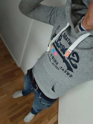 Superdry hoddie  - Grå superdry hoddie i väldigt bra skick modellen på bilden är 177cm och den passar bra men kanske något liten 