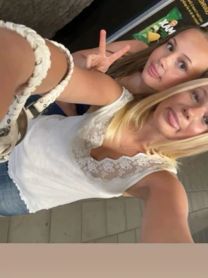 Vit spetsdetaljerad linnetopp - Säljer en söt vit linnetopp med spetsdetaljer längs v-ringningen. Toppen är ärmlös och har en feminin och fräsch look, perfekt för varma dagar. Passar till både jeans och kjol för en trendig stil.