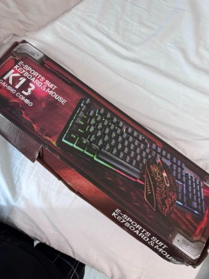 Gamingtangentbord och mus combo - Säljer ett gamingtangentbord och mus i svart plast med RGB-belysning. Tangentbordet har klassisk layout och ansluts med USB-kabel. Musen har ett mönstrat skal och flera knappar, perfekt för gaming och e-sport.
