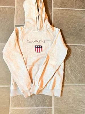 Ljusgrå hoodie från GANT med tryck - Snygg ljusgrå hoodie från GANT med broderad logga och amerikanskt inspirerat sköldmärke på bröstet. Klassisk huva och ribbade muddar. Perfekt för en avslappnad och sportig stil. Små sliten på olika ställen, men helt funkis tröja.