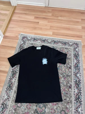Svart Casablanca t-shirt med tryck - Snygg svart t-shirt från Casablanca med ett litet tryck på bröstet och ett stort grafiskt tryck på ryggen. T-shirten har rund hals och korta ärmar. Perfekt för dig som gillar streetwear och vill sticka ut med en unik design. De står xl på plagget men den passar som L